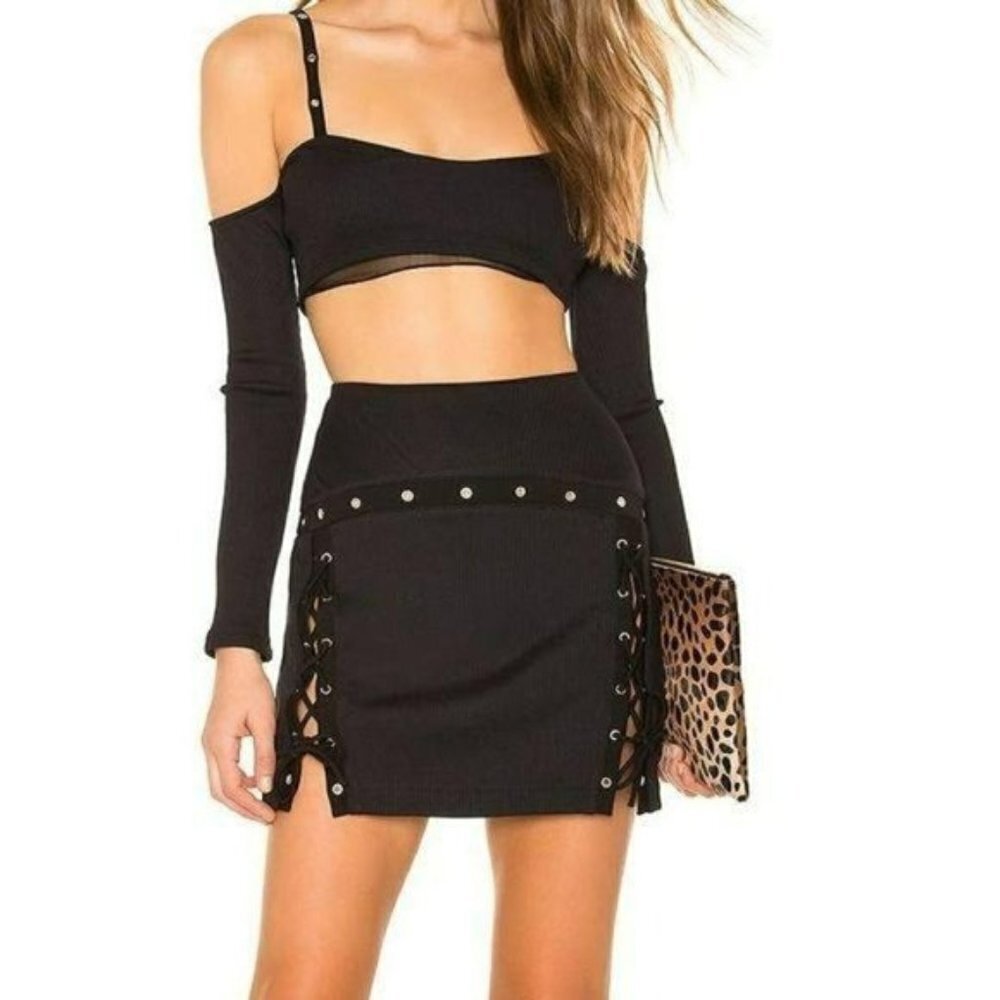 NEW h:ours "Thompson" Black Lace Up Ribbed Mini Skirt Sz. S